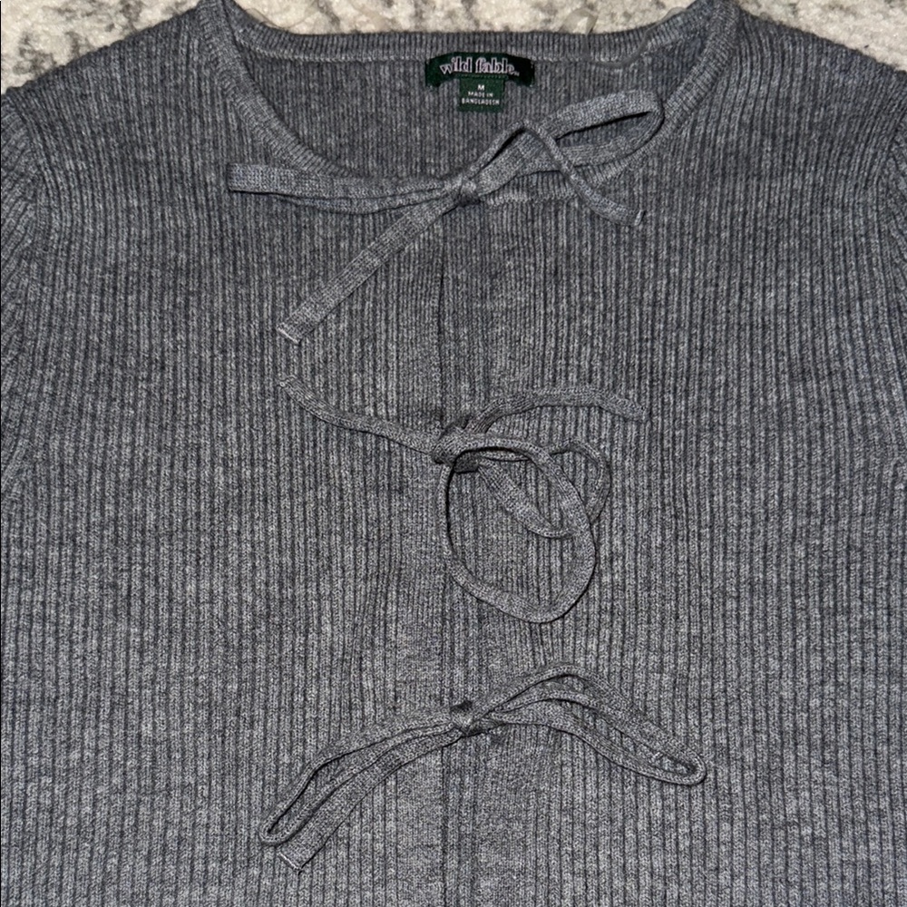 Gray Ribbed Knit Tie-Front Sweater - Picture 2 of 3